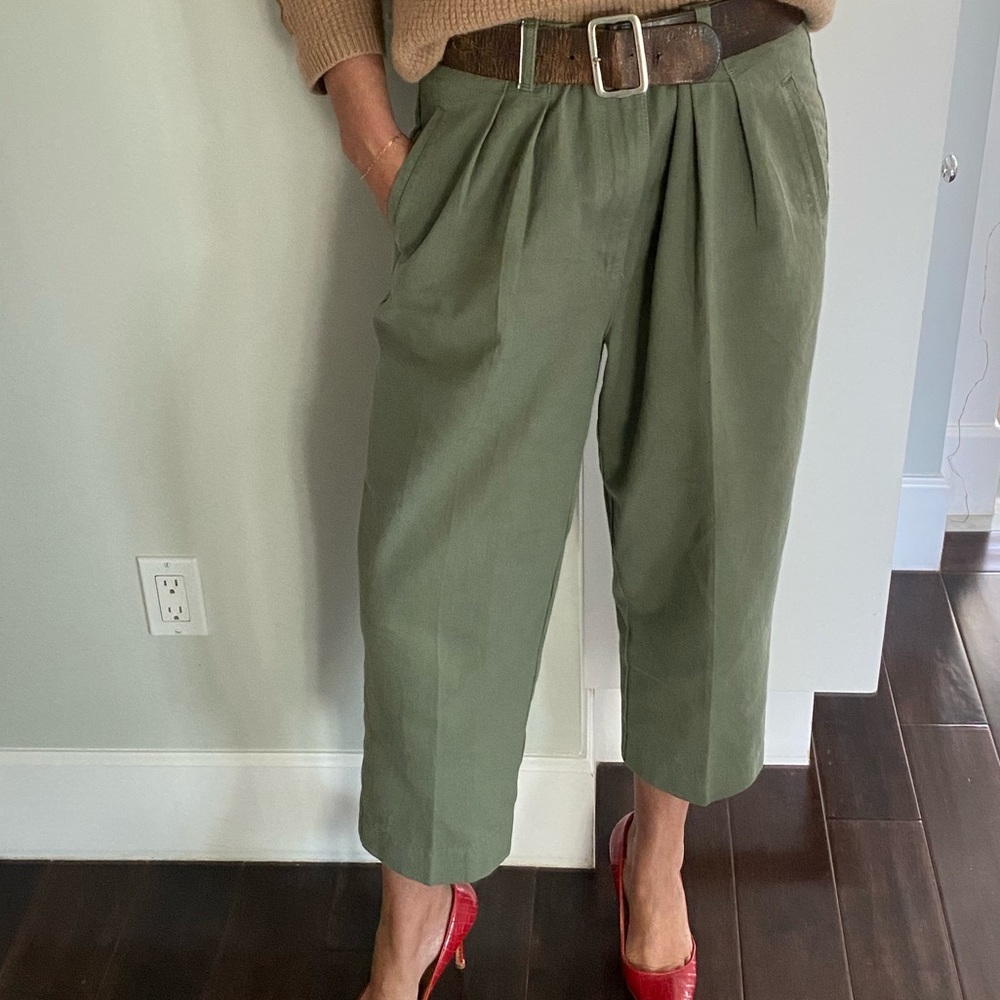 Victoria Beckham Army Green Wide Leg Cropped Trousers